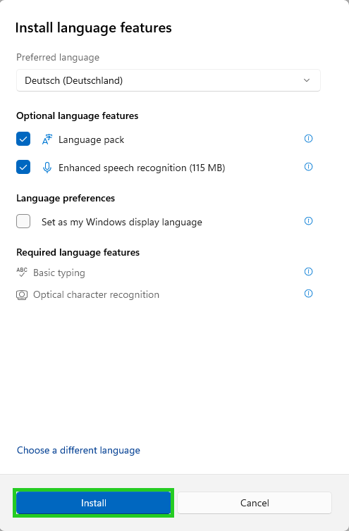 Captura de pantalla: se muestra la ventana para instalar las características de idioma. En esta ventana, se resalta el botón de la acción
