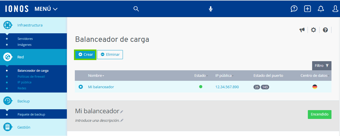 Captura de pantalla: En Cloud Panel se muestra la página de balanceadores de carga. Bajo el título de la página, se destaca el botón «Crear».