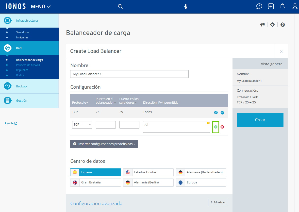 Captura de pantalla: En Cloud Panel se muestra la página de balanceadores de carga. En esta página, se destaca el símbolo de más bajo el apartado «Configuración».