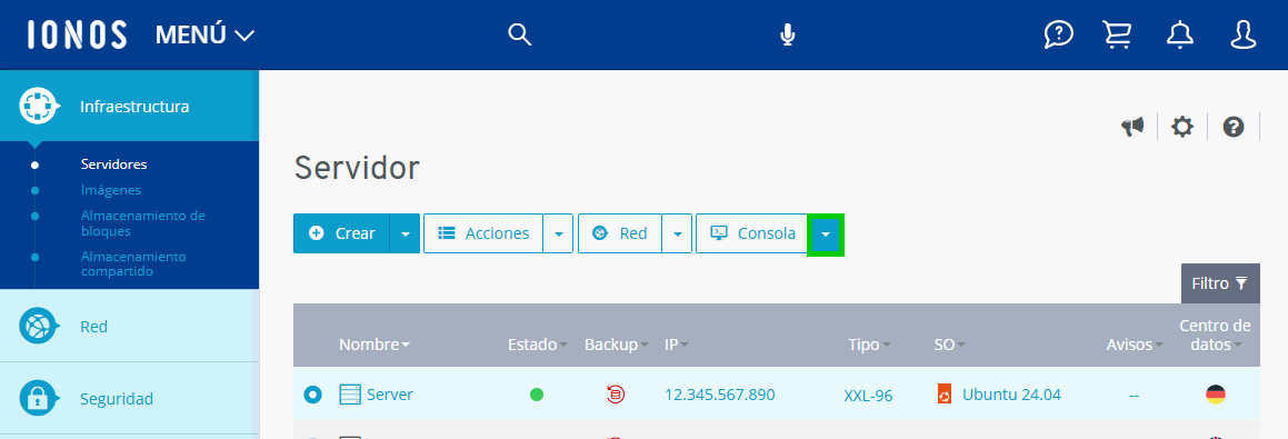 Captura de pantalla: botón para opciones de consola en el Cloud Panel