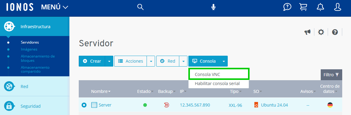 Captura de pantalla: opción de consola VNC resaltada en el Cloud Panel