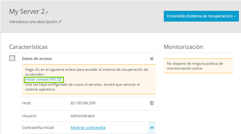 Captura de pantalla: se muestra la sección Infraestructura > Servidores en el Cloud Panel. En los detalles del servidor, dentro de los datos de acceso, se resalta el enlace para iniciar la consola VNC
