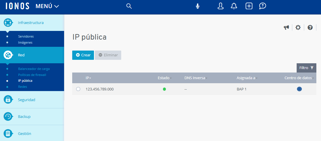 Captura de pantalla: se muestra la sección Red > IP pública