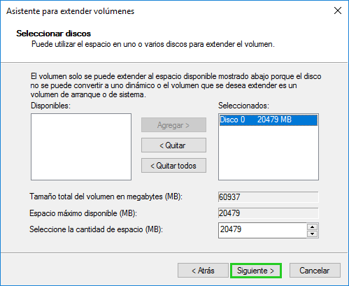 Captura de pantalla: se muestra el segundo paso en la ventana para extender el volumen. En este paso, se resalta la opción para continuar