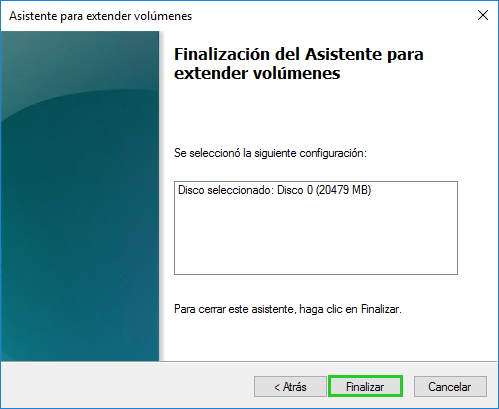 Captura de pantalla: se muestra el tercer paso en la pantalla para extender volúmenes. En este paso, aparece resaltado el botón para finalizar