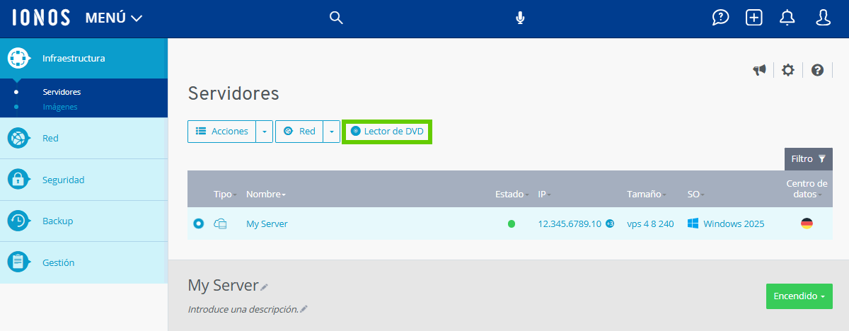 Captura de pantalla: en el Cloud Panel se muestra la sección Infraestructura > Servidor. En esta sección, aparece resaltada la pestaña del lector de DVD
