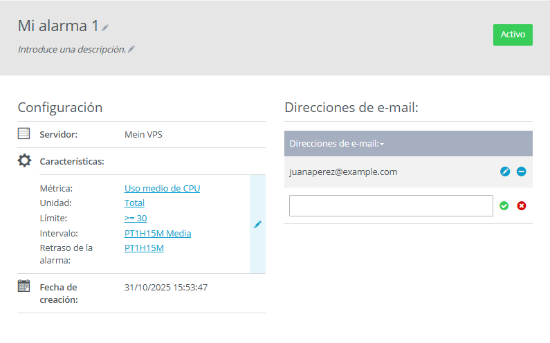 Captura de pantalla: la sección de Seguridad > Alarmas se muestra en el Cloud Panel. En esta sección se muestra la información detallada de una alarma.
