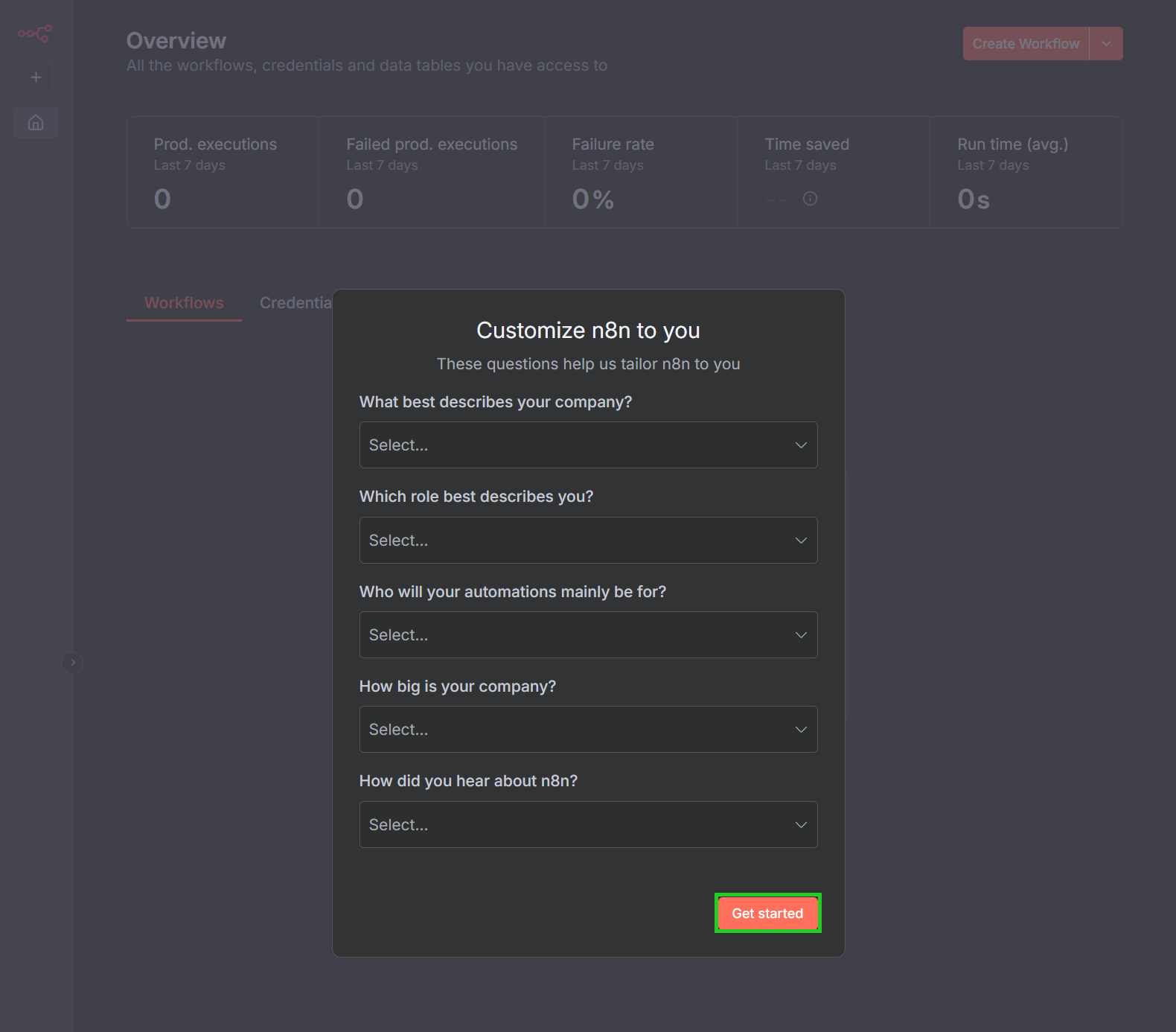 Captura de pantalla: se muestra la ventana de personalización n8n. En esta ventana, el botón para comenzar aparece resaltado.