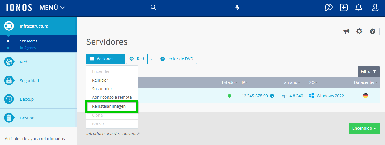 Captura de pantalla: aparece el menú de acciones con la opción para reinstalar imagen en la sección Infraestructura > Servidores resaltada