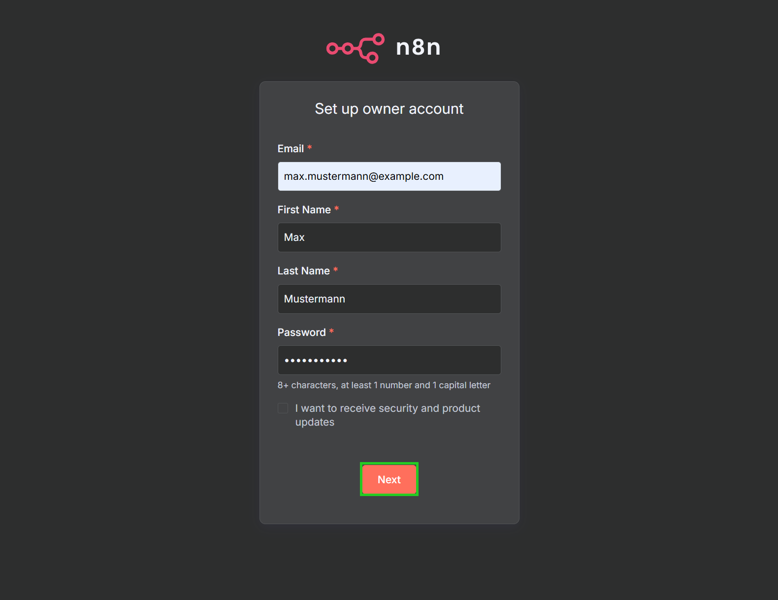 Caputura de pantalla: se resalta el botón para continuar en la ventana de configuración de la cuenta