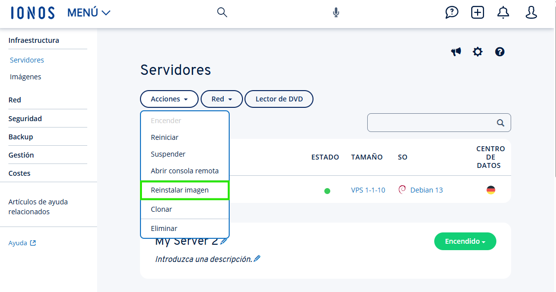 Captura de pantalla: opción para reinstalar imagen en el menú de acciones desde Infraestructura > Servidor