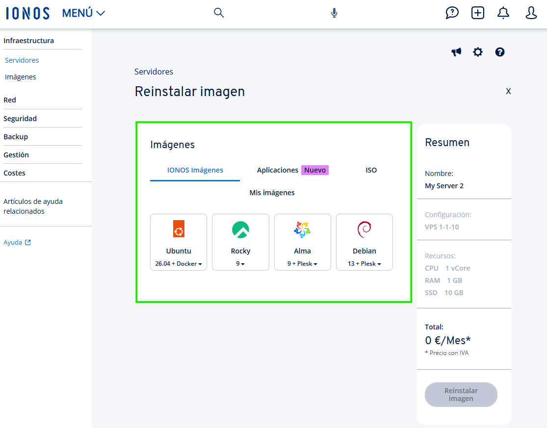Captura de pantalla: imágenes IONOS en la sección para reinstalar imagen desde Infraestructura > Servidores