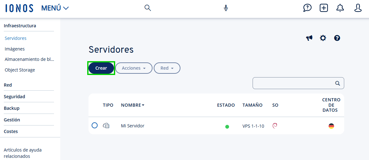 Captura de pantalla: botón para crear un servidor desde Infraestructura > Servidores
