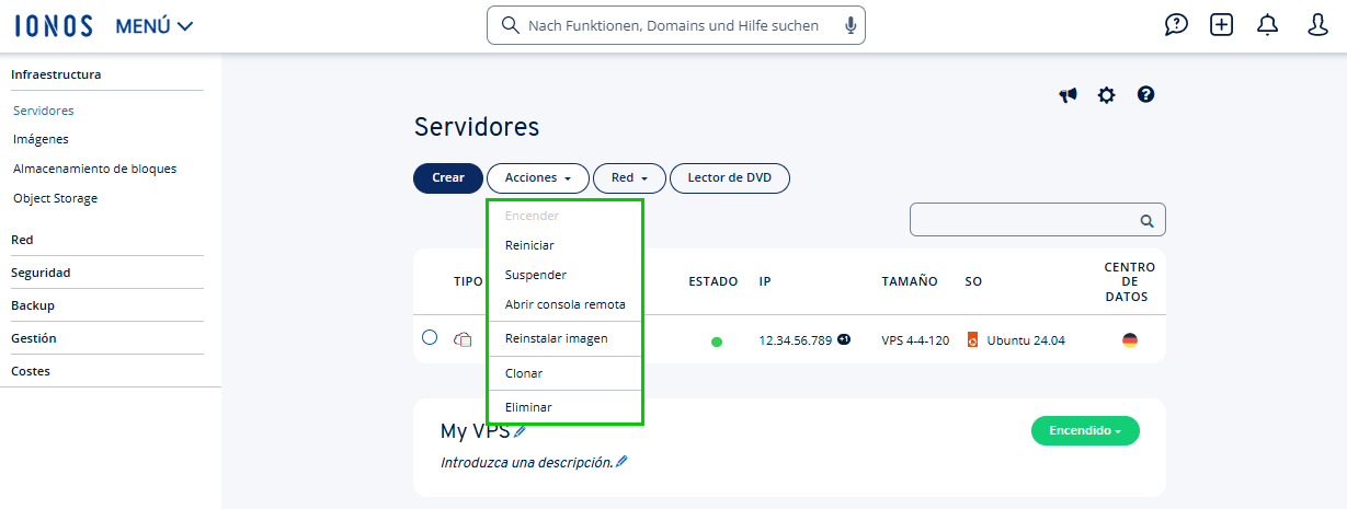 Captura de pantalla: sección de Infraestructura > Servidores en el Cloud Panel con el menú de acciones abierto y resaltado