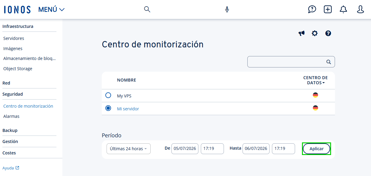 Captura de pantalla: la sección Seguridad > Centro de monitorización se muestra en el Cloud Panel. En esta página, en la sección Período, el botón Aplicar está resaltado.