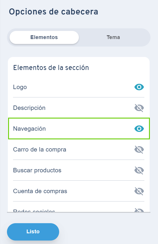 Captura de pantalla: se muestra un extracto del menú de opciones de cabecera. El botón para mostrar u ocultar la navegación está marcado