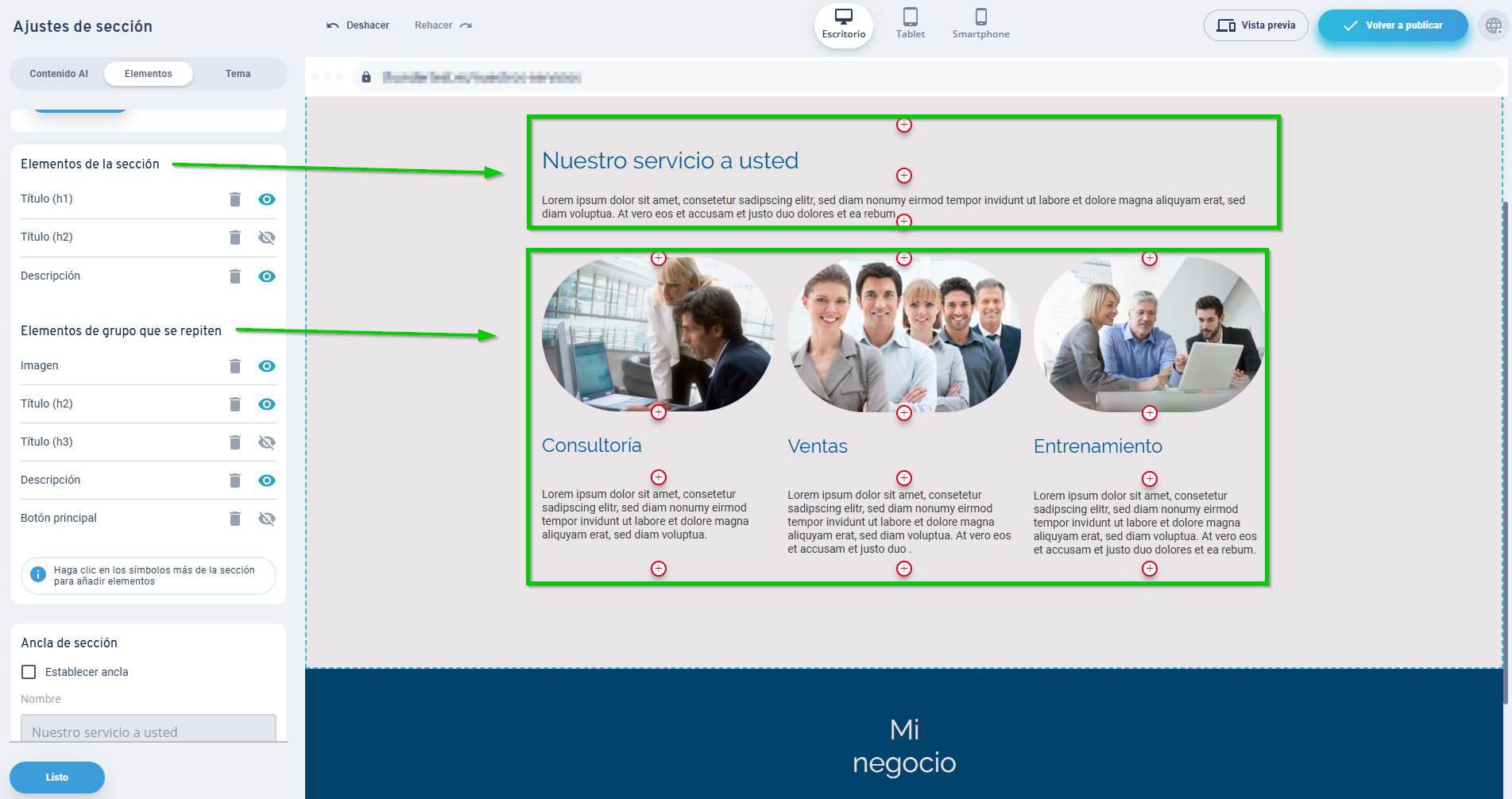 Captura de pantalla: ejemplo de plantilla de contenido