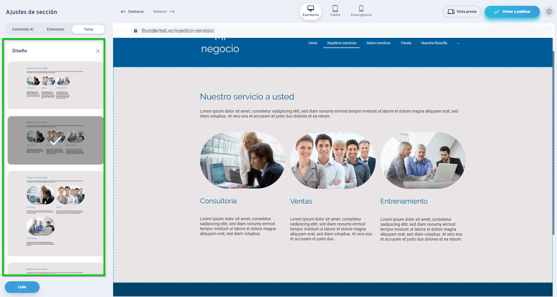 Captura de pantalla: ver las variantes de diseño