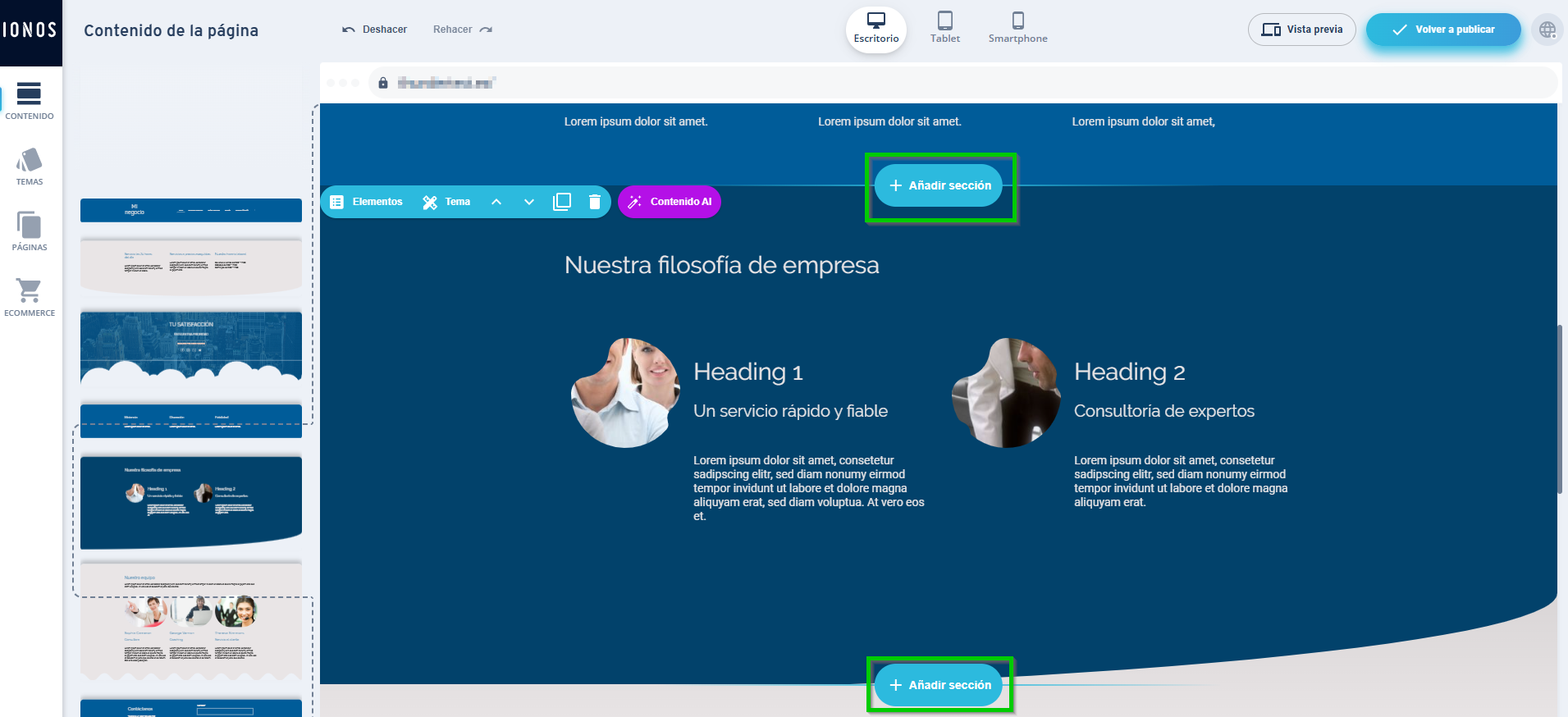 Captura de pantalla: se muestran los botones para añadir secciones nuevas