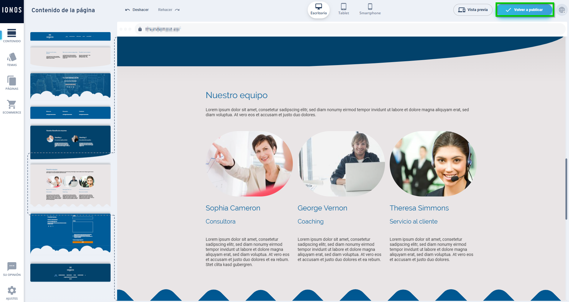 Captura de pantalla: aparece resaltado el botón para publicar la página web
