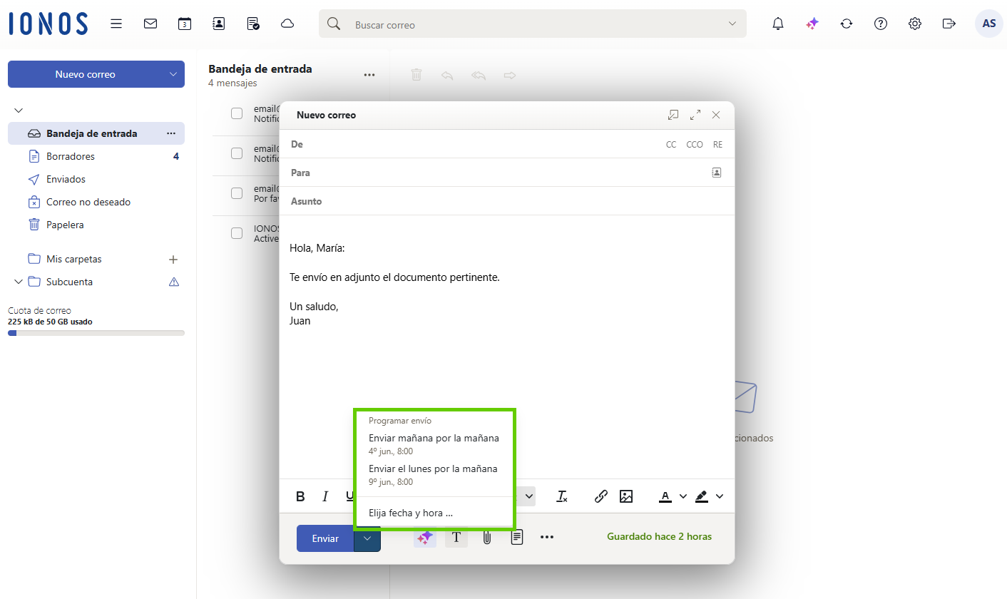 Captura del Webmail. El diálogo para crear un nuevo correo electrónico está abierto y dentro de él, en la parte inferior aparecen las opciones para programar el envío de correos