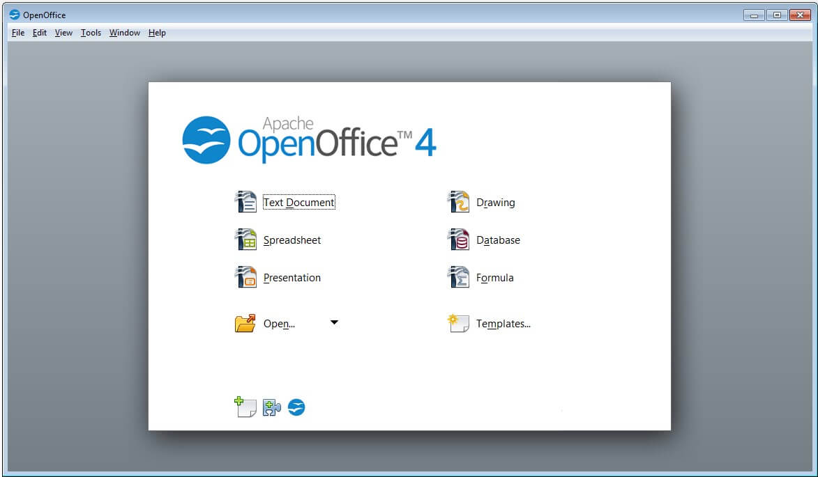 Pantalla de inicio de Apache OpenOffice