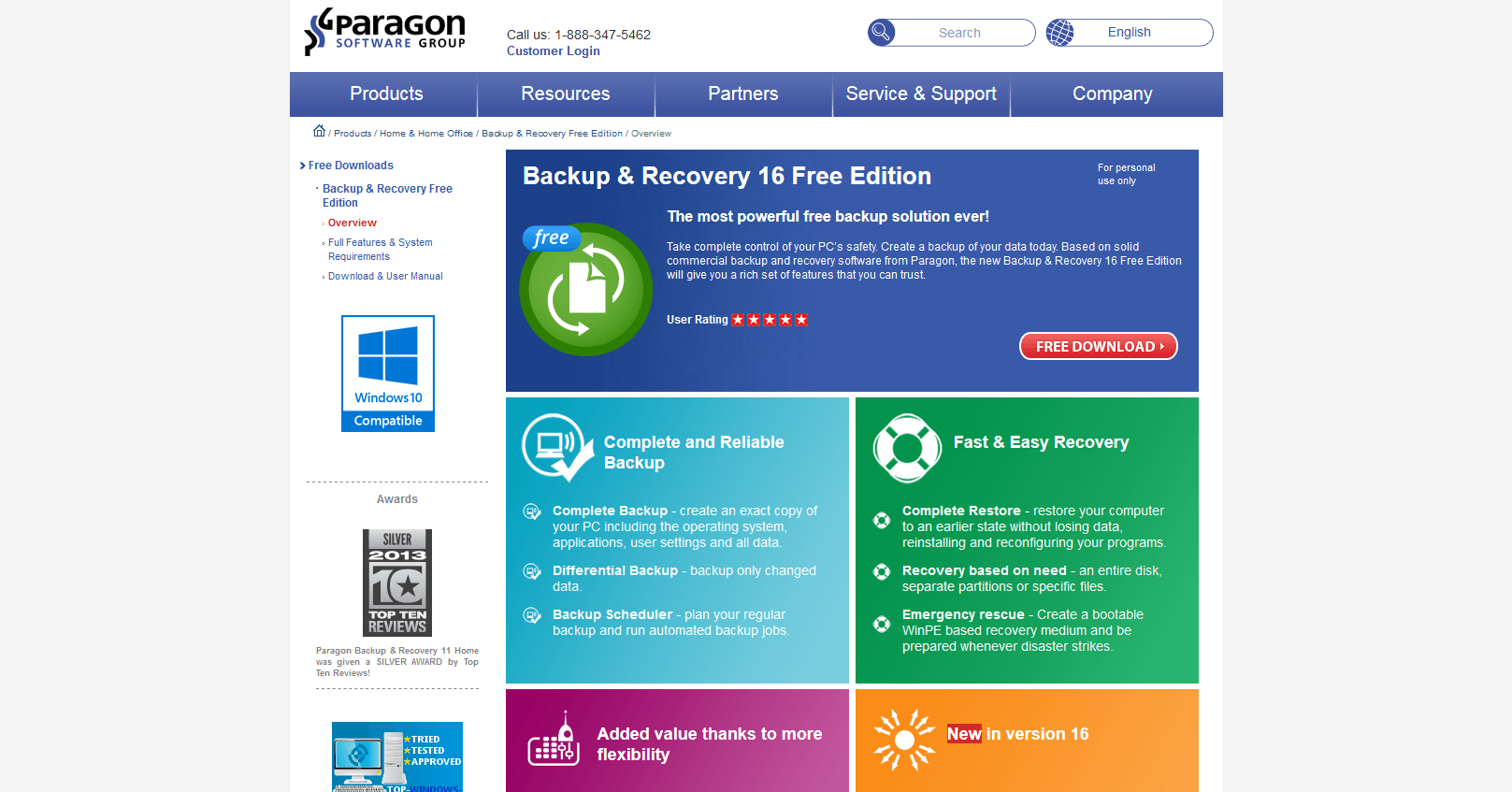 Página web de Paragon Backup & Recovery 16 Free