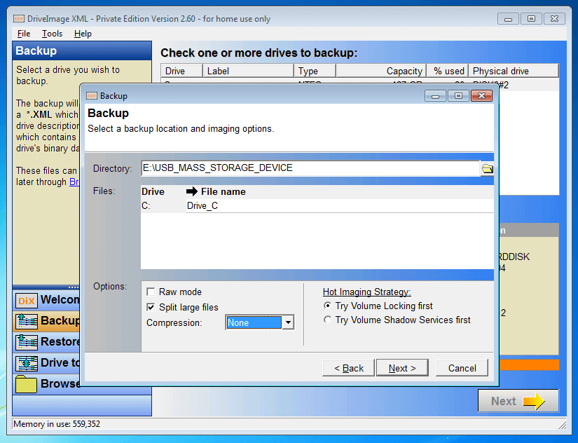 DriveImage XML 2.60: menú para la selección de opciones de imagen