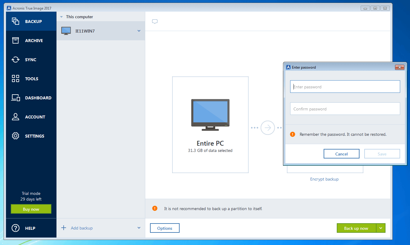 Acronis True Image 2017: cuadro de diálogo donde introducir una contraseña para el cifrado del backup