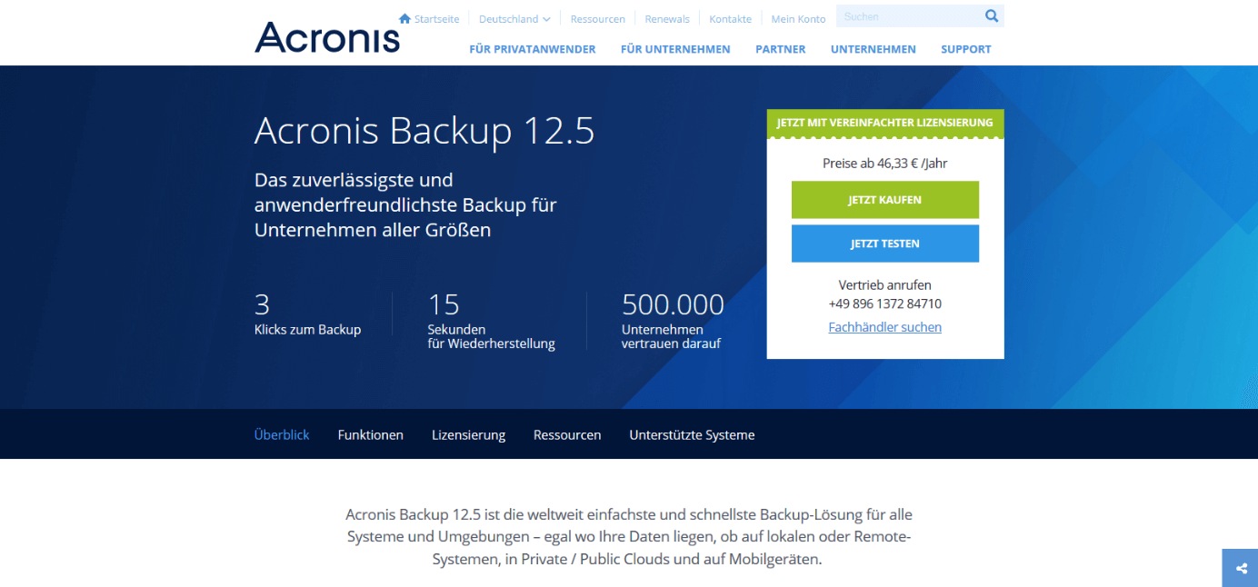 Página web de Acronis Backup 12.5