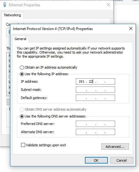 Menú para configurar la dirección con Windows 10
