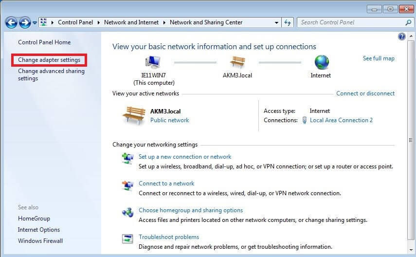 “Network and Sharing Center” en el panel de control de Windows