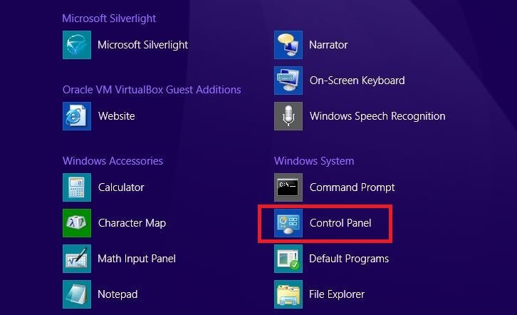 Fragmento de la lista de aplicaciones de los sistemas Windows 8