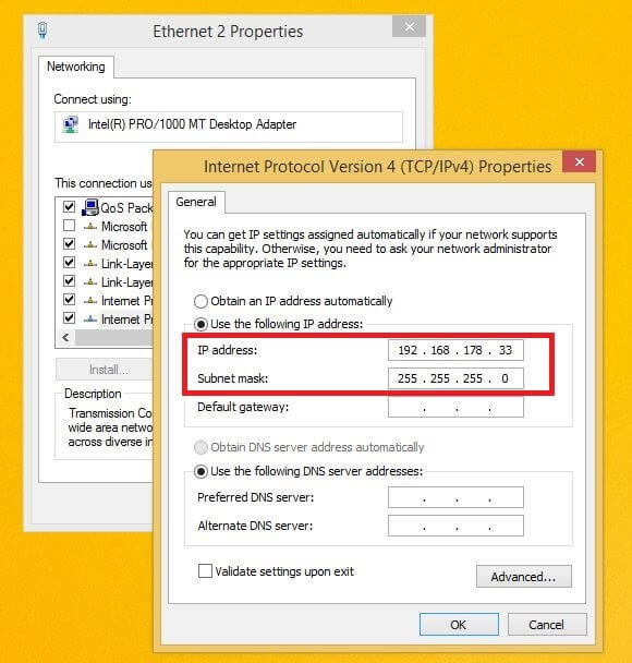 Asignación manual de dirección IP fija en el menú del protocolo de Internet IPv4 en Windows 8