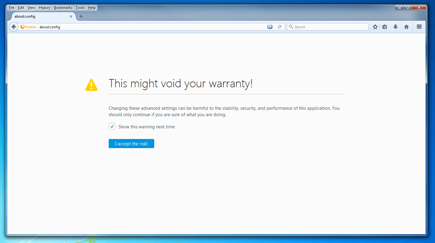 Advertencia de seguridad Firefox: “This might void your warranty”/“¡Esto puede cancelar su garantía!”