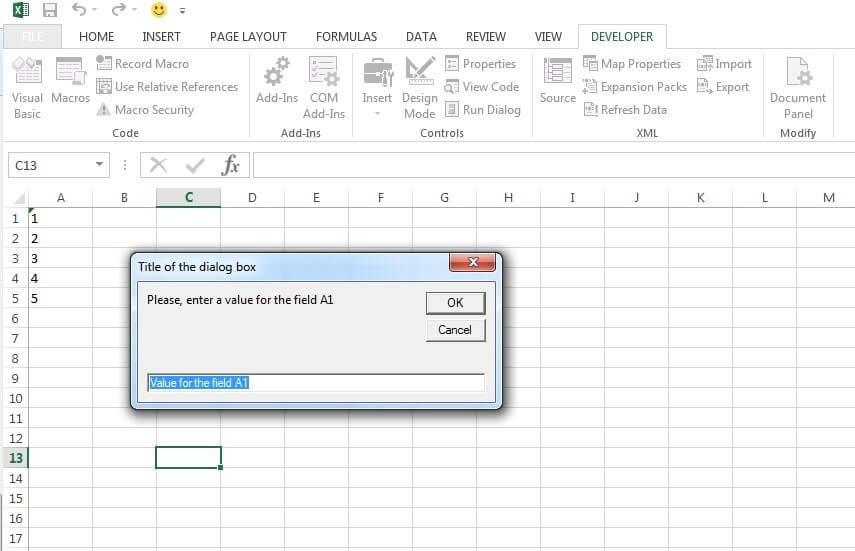 Cuadro de diálogo creado con una macro de Excel