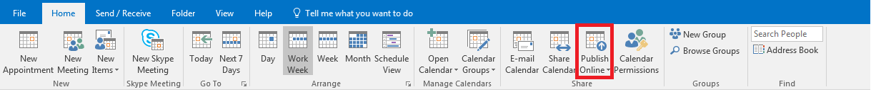 Outlook: barra de herramientas de la vista de calendario en la pestaña “Home” (Inicio)