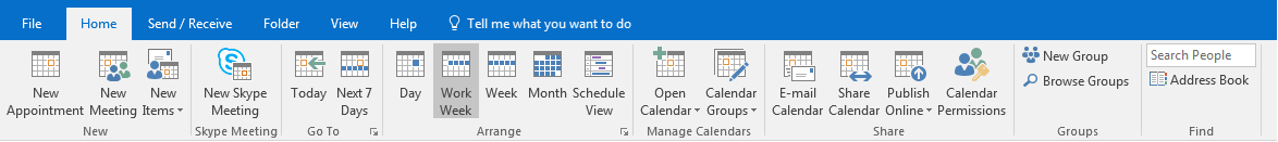 Microsoft Outlook: barra de herramientas de la vista de calendario en la pestaña “Home” (Inicio)