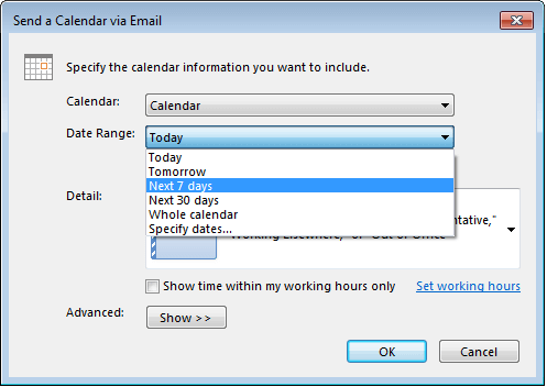 selección del intervalo de fechas en el cuadro de diálogo “Send a Calendar via Email” (Enviar un calendario por correo electrónico)