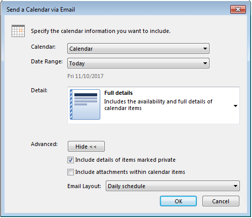 Outlook: Opciones avanzadas en el cuadro de diálogo “Send a Calendar via Email” (Enviar un calendario por correo electrónico)