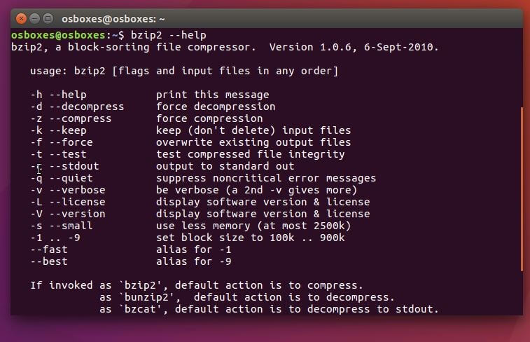 Listado de comandos de bzip2 en la consola de Ubuntu