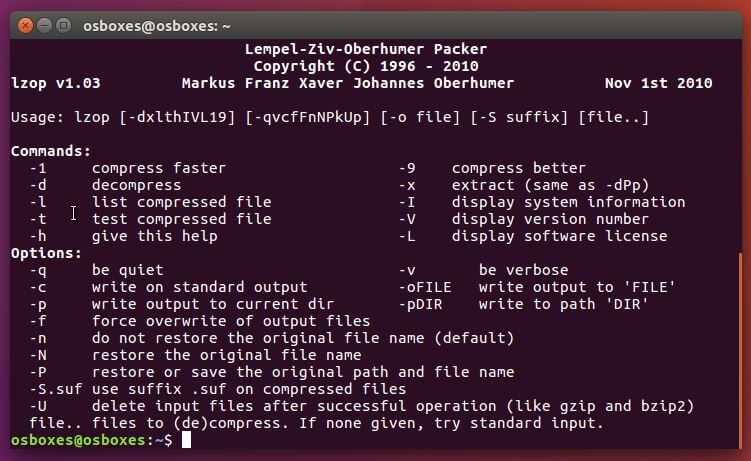 Menú de inicio de lzop en la interfaz de línea de comandos de Ubuntu