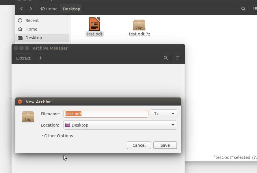 Compresión p7zip en el gestor de archivos de Ubuntu