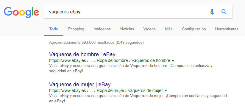 Captura de pantalla de una búsqueda en Google para “vaqueros ebay”