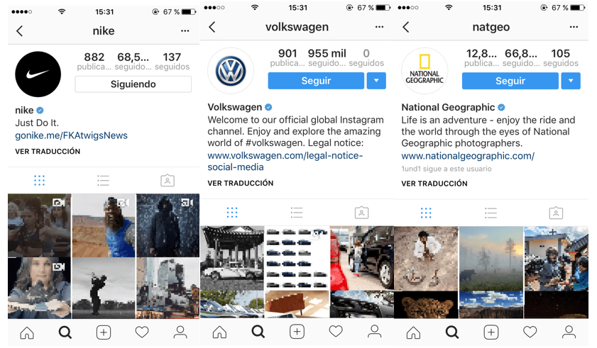Perfil oficial de Nike, de Volkswagen, de National Geographic en Instagram