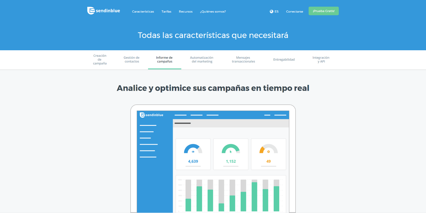 Captura de pantalla de la página española de SendInBlue