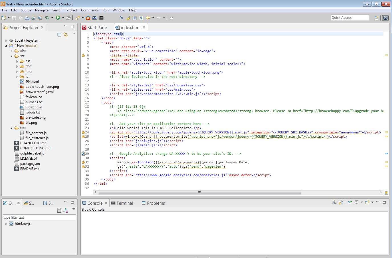 Captura de pantalla de la interfaz gráfica de Aptana Studio