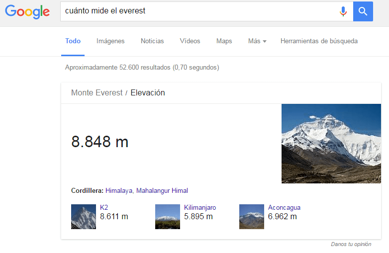Respuesta rápida de Google a la pregunta "cuánto mide el everest"