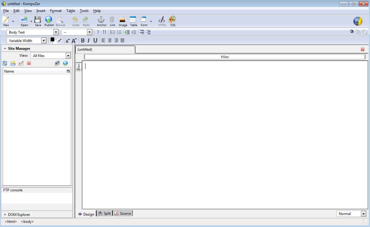 Captura de pantalla de la interfaz de KompoZer