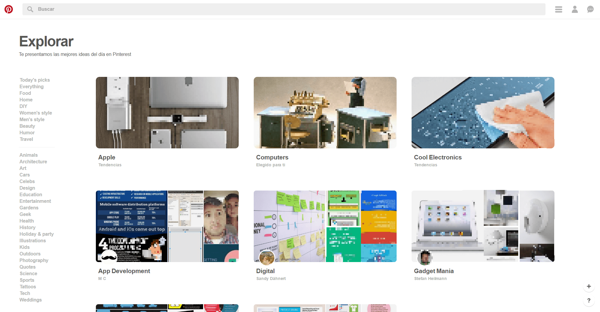 Captura de pantella de la sección para explorar tus intereses en Pinterest